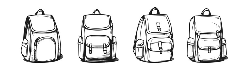 different types of backpacks. set collection. Bag for a student, traveler, or anyone on the go travel doodle hand drawn