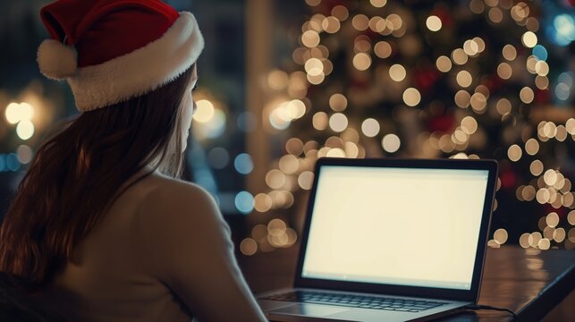 Mockup image of a woman in red Christmas hat using laptop with blank white desktop screen in the background bokeh