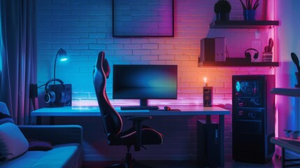 A gaming setup with a computer monitor, keyboard, mouse, and gaming chair, illuminated with blue and pink neon lights. The room has a brick wall and a shelf with various items, including headphones.