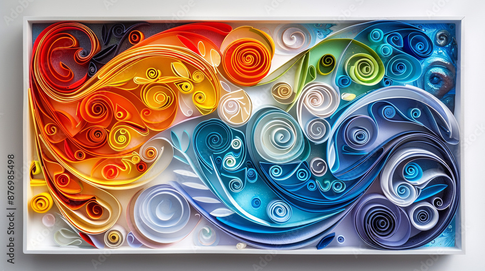 Fototapete a whimsical paper quilling artwork, featuring swirls and coils made from vibrant computer paper stri
