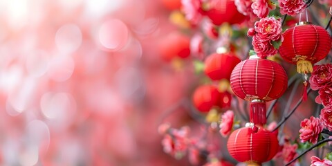 Obraz premium Celebrating Chinese New Year with Dragon Lanterns and Colorful Flowers. Concept Chinese New Year Celebrations, Dragon Lanterns, Colorful Flowers, Festive Decorations, Traditional Festivities