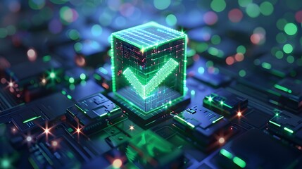 Digital security representation with a glowing green checkmark in a technological hologram cube over a circuit board background.