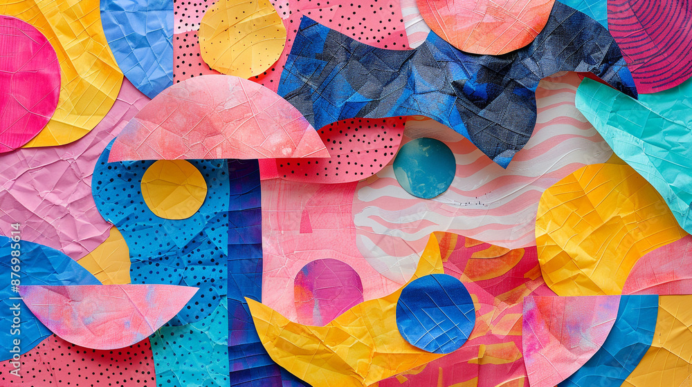 Poster a whimsical tissue paper collage, showcasing colorful shapes and patterns arranged in a creative des