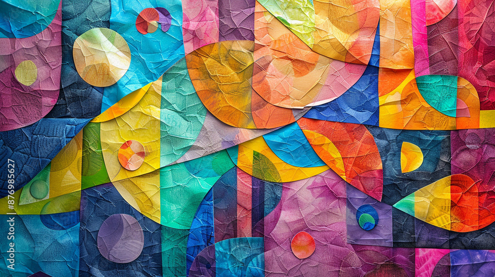 Poster a whimsical tissue paper collage, showcasing colorful shapes and patterns arranged in a creative des