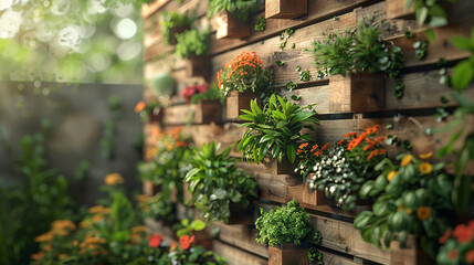 Obraz premium A wooden pallet turned into a vertical garden, filled with lush green herbs and flowers.