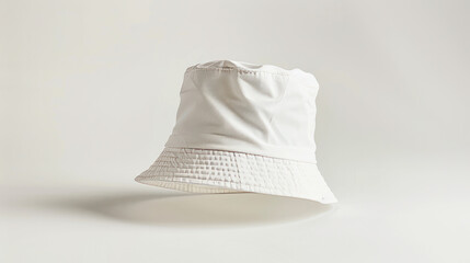 A white-colored bucket hat is placed against a white-colored background.