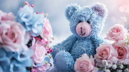 blue and pink teddy bear and bouquet