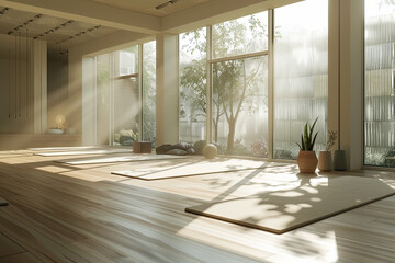 Yoga space meditation area, calm zen space to meditate, calming background sunlight, yogi relaxing studio, relax, generated ai