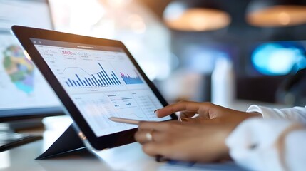 Businesswoman Analyzing Market Trends and Sales Projections on Digital Tablet