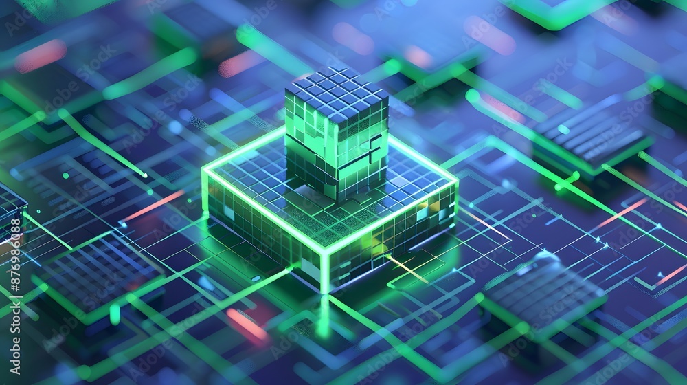Poster futuristic 3d computer chip on a vibrant, illuminated circuit board showcasing advanced technology a