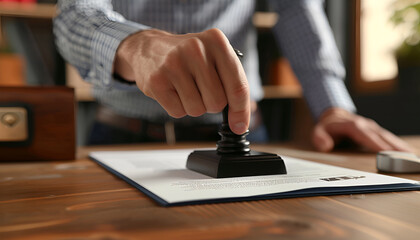 Fototapeta premium Notary stamping document at wooden table in office, closeup