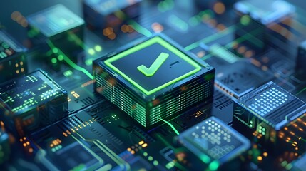 Futuristic AI processor with green checkmark symbolizing approval and authentication on a high-tech circuit board.