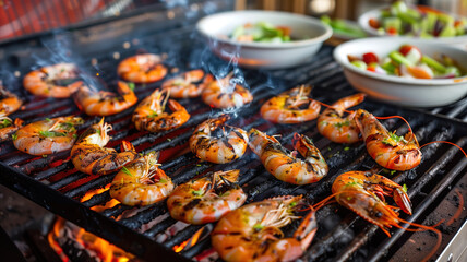 Delicious Grilled Shrimp with Fresh Vegetables on Outdoor Barbecue