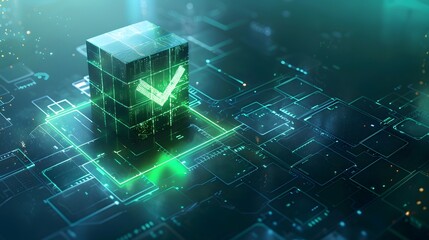 Futuristic blockchain and cybersecurity concept with glowing green cube and digital checkmark, symbolizing secure online technology.