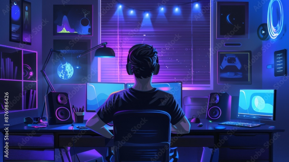 Aufkleber a person sits at a desk in a neon-lit room, wearing headphones and using two computer monitors.