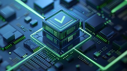 Fototapeta premium Futuristic circuit board with glowing integrated chip and check mark, symbolizing advanced technology and digital approval.