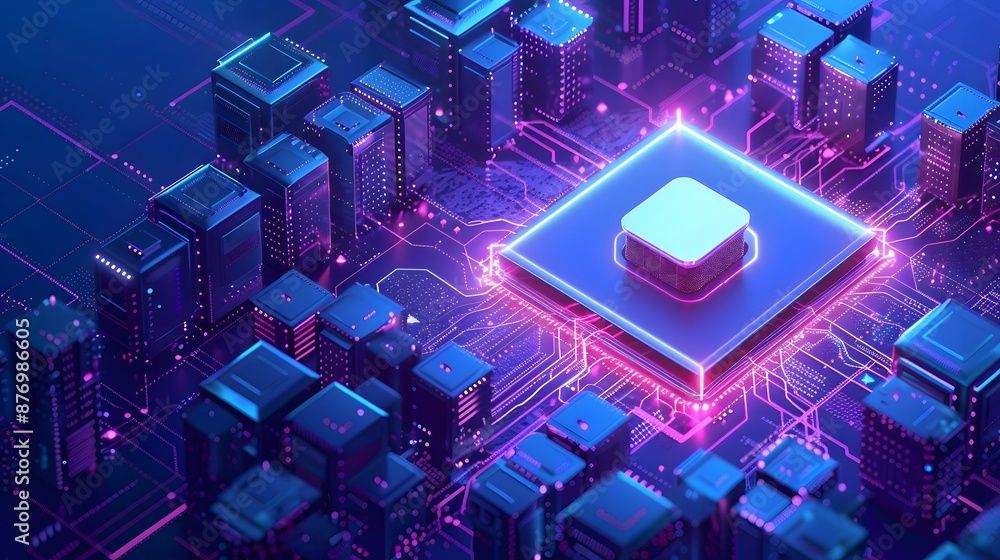 Poster futuristic circuit board with glowing processor. highlighting modern technology and innovation in co