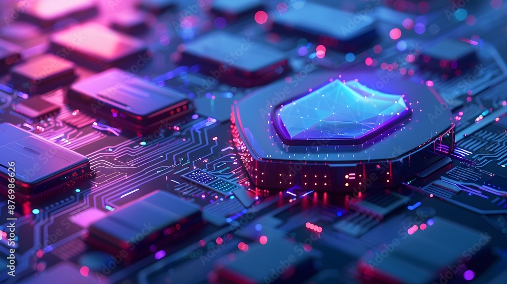 Poster futuristic computer chip with neon lighting on a circuit board, showcasing advanced technology and i