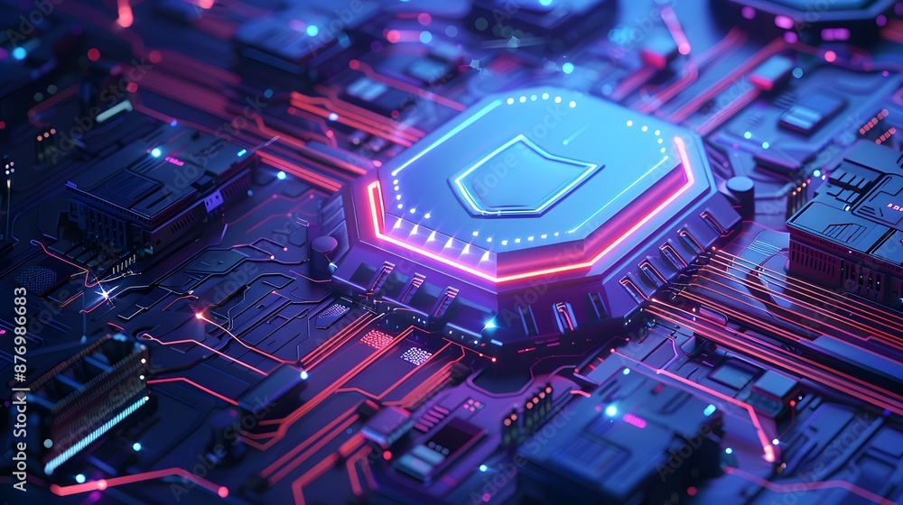 Poster futuristic computer motherboard with glowing circuits and microchips, representing advanced technolo