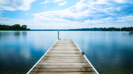 Fototapeta premium A quiet lakeside with a dock extending into the water and a serene sky overhead for copy space