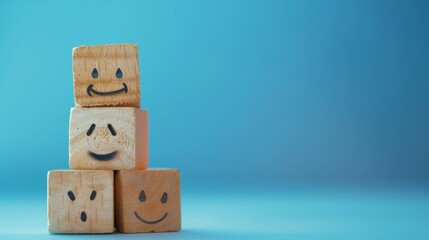 world mental health day concept or feedback rating and positive customer review, wood cube stacking with emotion face icon on blue background