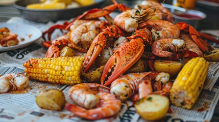 A seafood boil with crab legs, shrimp, corn on the cob, and potatoes, served on a newspaper-lined table.