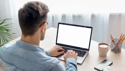 Back view of business man freelancer sitting in home office at table