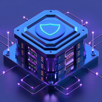 Futuristic cyber security hardware with glowing shield icon, representing advanced technology, protection, and data processing.