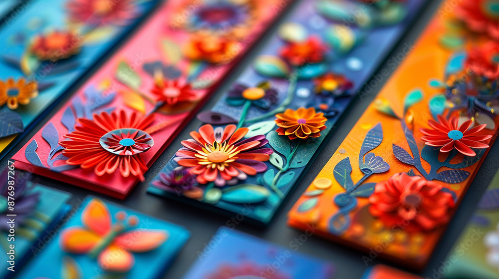 Poster handcrafted paper bookmarks with whimsical designs, cut from colorful computer paper and personalize