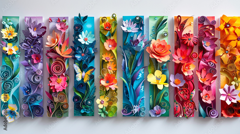 Poster handcrafted paper bookmarks with whimsical designs, cut from colorful computer paper and personalize
