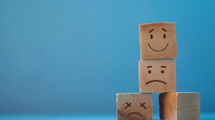 world mental health day concept or feedback rating and positive customer review, wood cube stacking with emotion face icon on blue background