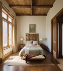 A cozy and rustic bedroom with a warm and inviting atmosphere. 