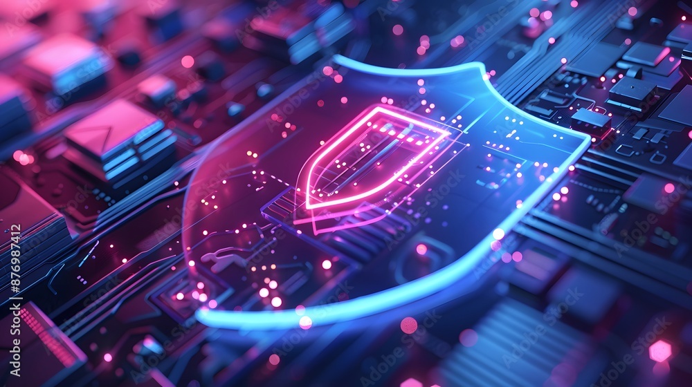 Poster futuristic cybersecurity concept with a glowing shield icon on a circuit board representing advanced
