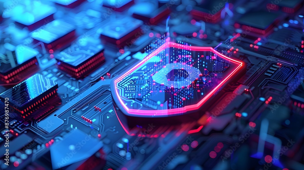 Aufkleber futuristic cybersecurity concept with a glowing shield icon over a circuit board, representing digit