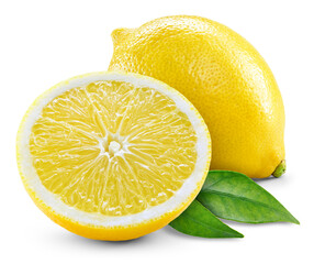 Lemon fruit with leaf isolated png. Lemons half and a whole with leaves on transparent background....
