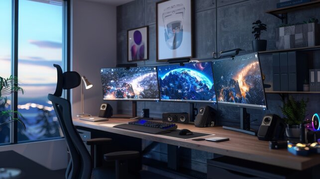 A modern home office with a large desk, three monitors, comfortable chair, lamp, plant, and city skyline view from the window. - Powered by Adobe