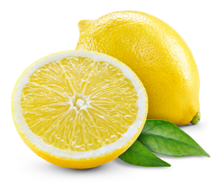 Lemon fruit with leaf isolated png. Lemons half and a whole with leaves on transparent background. PNG format. Full depth of field.