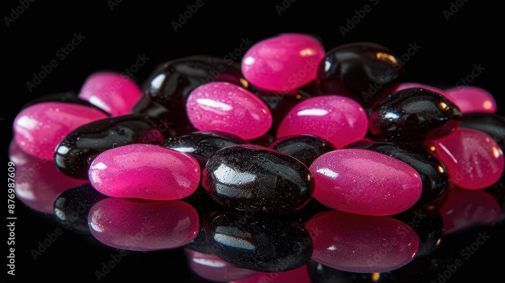 Aufkleber a simple yet eye-catching display of shiny pink and black jelly beans piled together on a reflective