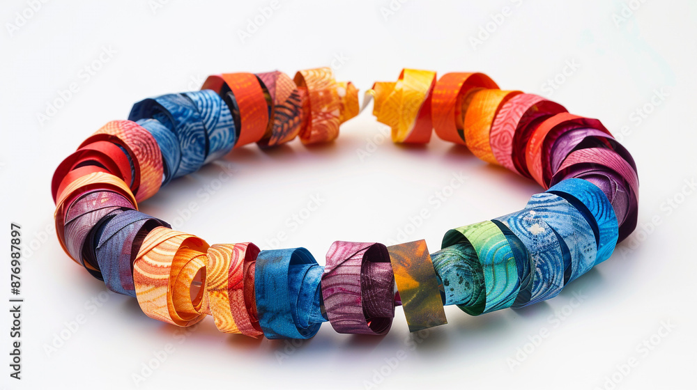 Poster vibrant paper beads strung together into a necklace, each bead rolled from a different color of comp