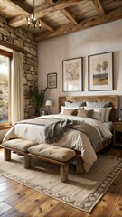A cozy and rustic bedroom with a warm and inviting atmosphere. 