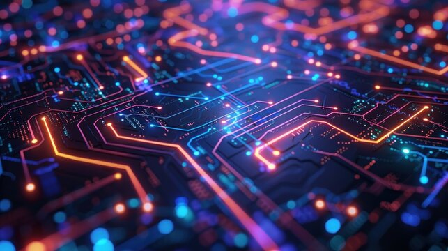 Abstract geometric shapes forming a circuit pattern, symbolizing connectivity and digital transformation in the era of Industry 4.0. Minimalist design reflecting technological progress.