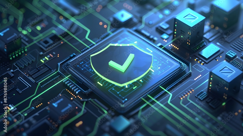Poster futuristic digital circuit board with cybersecurity shield, representing data protection and secure 