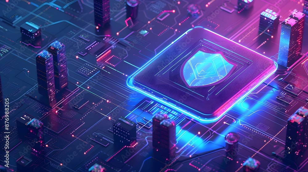 Poster futuristic digital circuit board with shield icon symbolizing cybersecurity and data protection in a