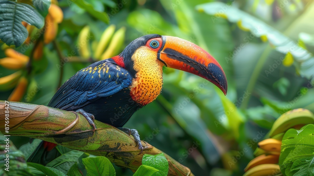 Poster a close-up image of a toucan with striking colors and patterns on its beak, set against the dense ba