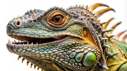 Fototapeta premium Magnificent reptile, scaly skin glistening, ancient eyes gleaming, powerful jaws open, isolated on a pristine white backdrop, evoking wild, untamed beauty.