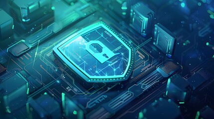 Fototapeta premium Futuristic digital security concept with a glowing shield icon on a computer motherboard, symbolizing protection and cybersecurity.