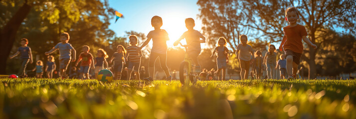 Kids enjoy the bond of friendship amidst nature, playing together in the summer sunset glow.