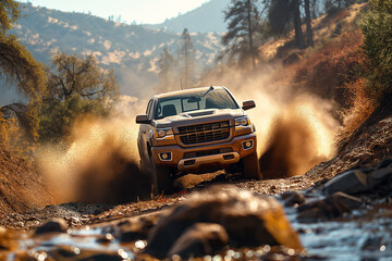 An off-road adventure unfolds as a dirt-covered vehicle speeds through rugged terrain, embracing nature's challenges.