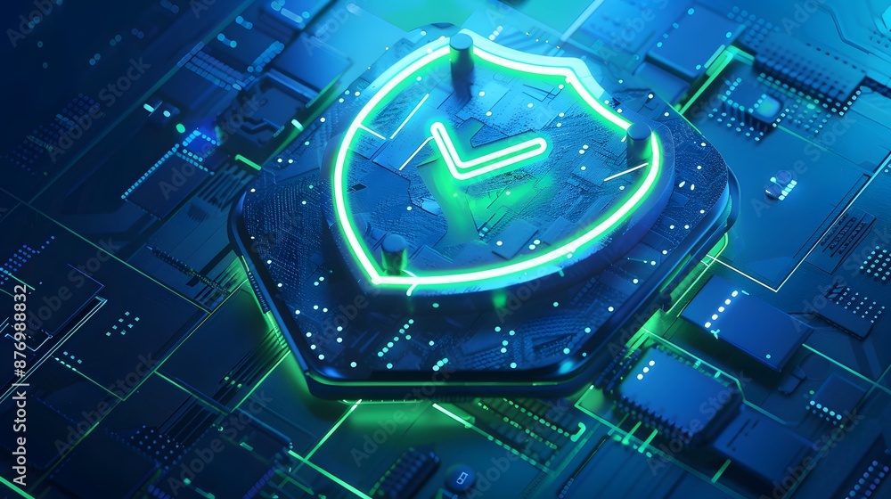 Aufkleber futuristic digital security concept with a neon green shield on a circuit board, symbolizing cyberse