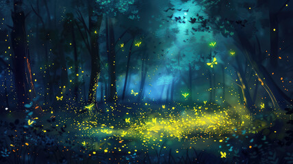 Fototapeta premium Fireflies flying in the dark, Glowing bugs in night forest
